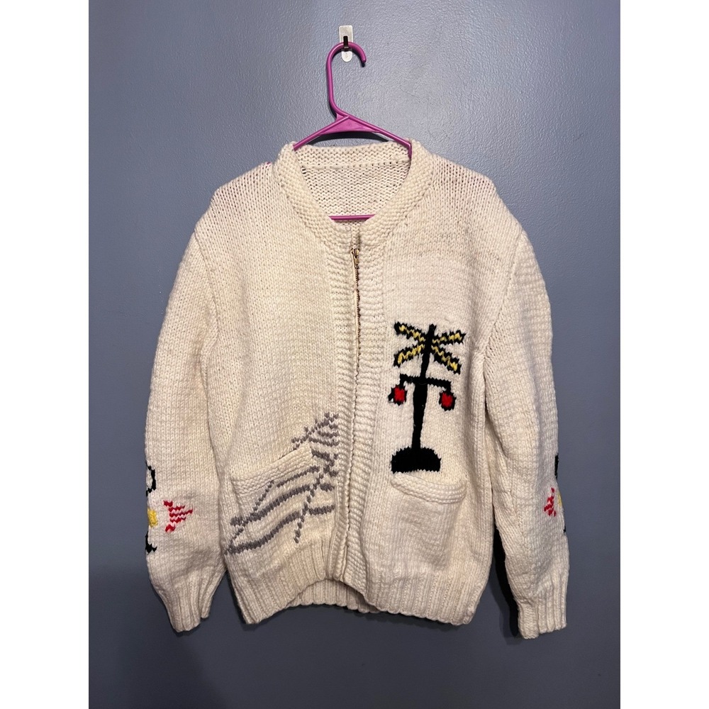 Vintage Mary Maxim Style Hand Knit 50s Zip Cardigan Sweater Railroad Trains M/L